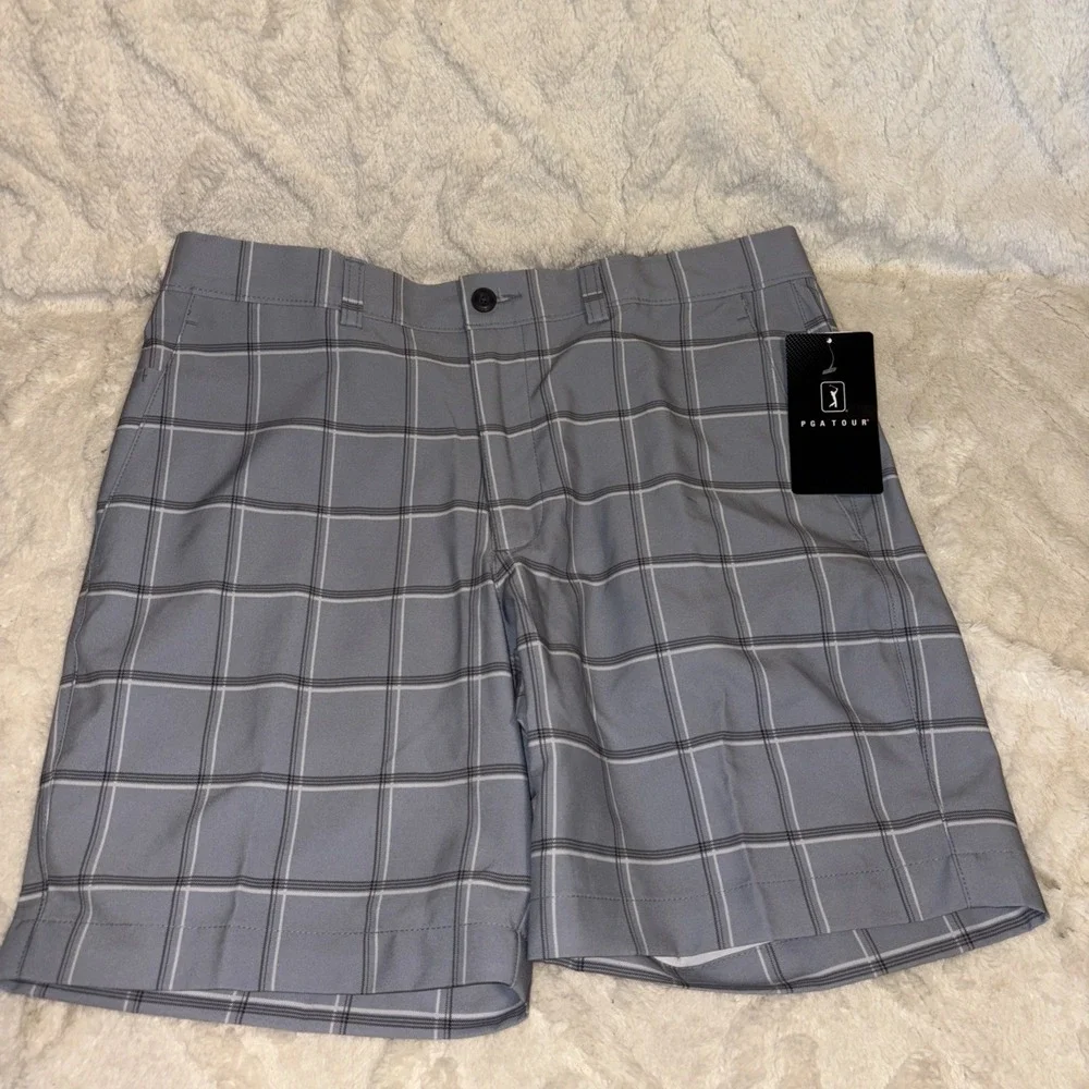 PGA Tour Shorts Boys Size XL‎ (18/20) Golf Stretch Waistband Plaid New Tags Gray